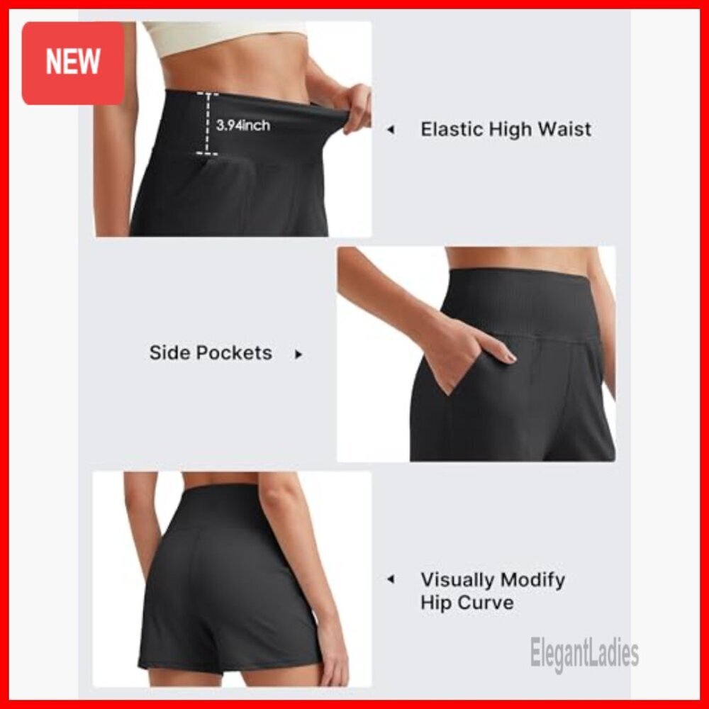 High Waisted Ribbed Athletic Shorts with Pockets for Running Golf Lounge - Picture 5 of 7